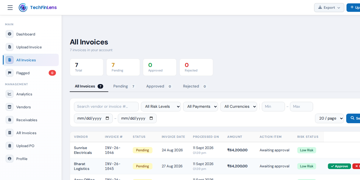 Invoice list with risk status